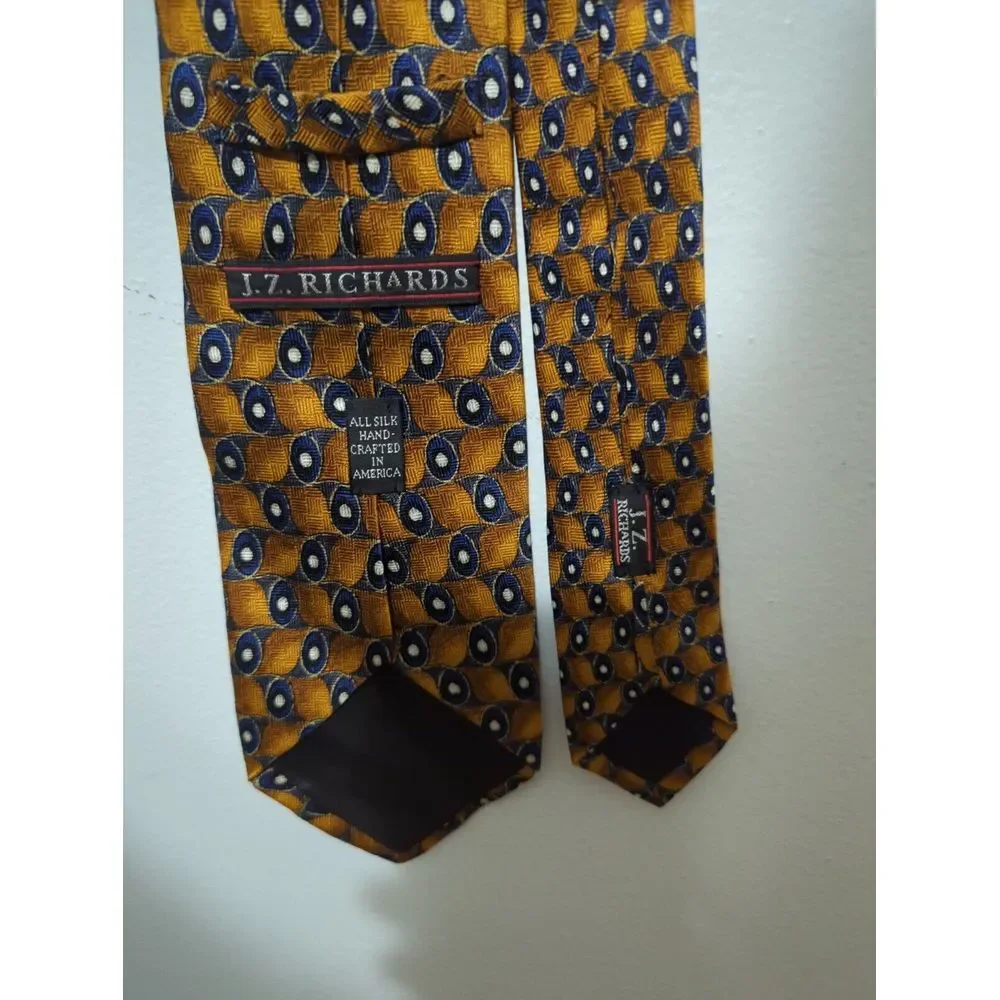 JZ‎ Richards Mens Silk Tie Gold Navy Blue Geometric Circles Hand Crafted USA